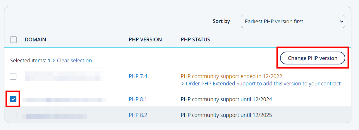 Estado PHP de los dominios en el panel de control de IONOS Imagen: Estado PHP de los dominios en el panel de control de IONOS