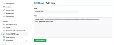 Imagen: Clave SSH pública copiada en la página de configuración de GitHub
