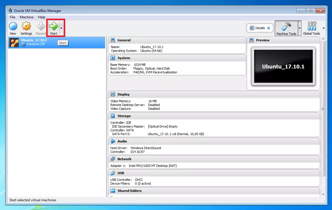 Imagen: Oracle VM VirtualBox Manager: botón de inicio (“Start“)