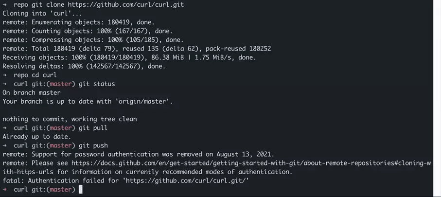 Imagen: Resultado de git pull y git push del repositorio local cURL