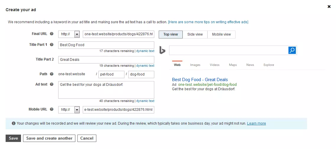 Imagen: Interfaz para crear un anuncio en Bing Ads