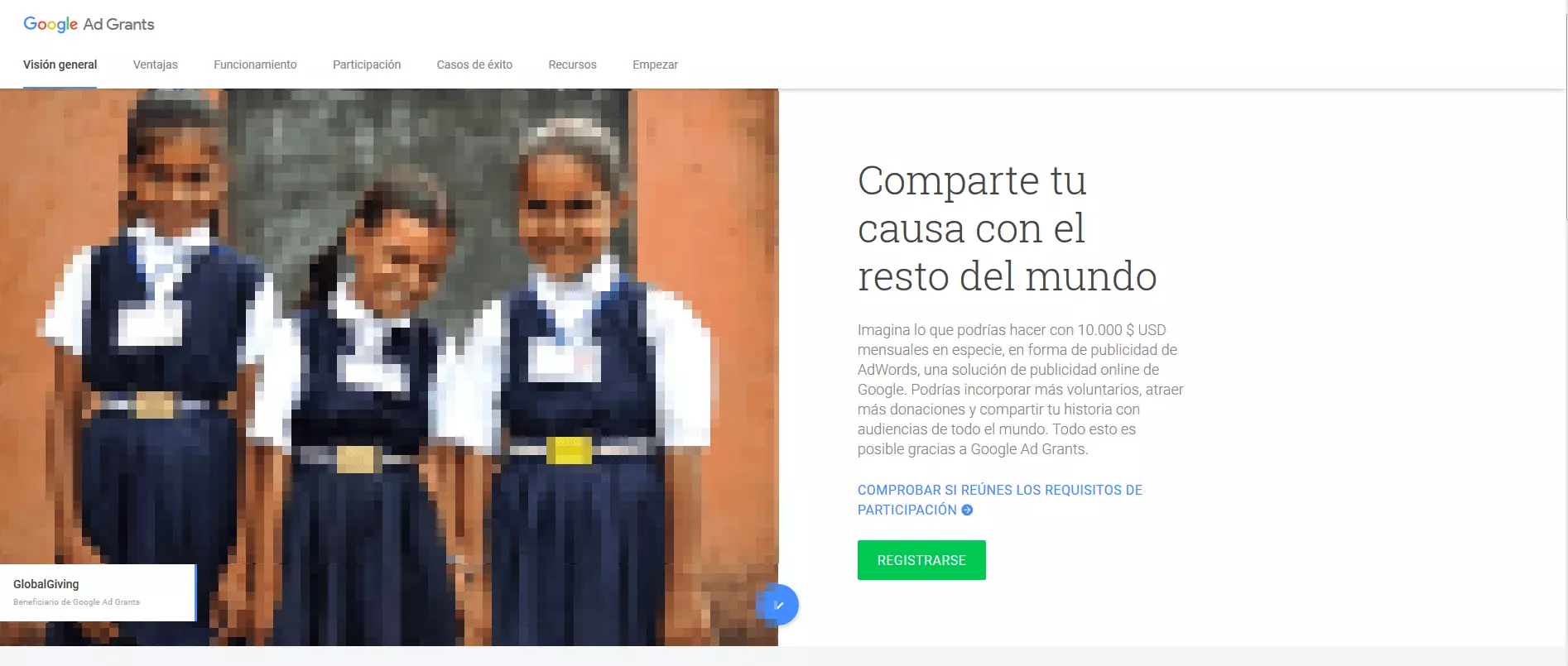 Imagen: Página de inicio de Google Ad Grants