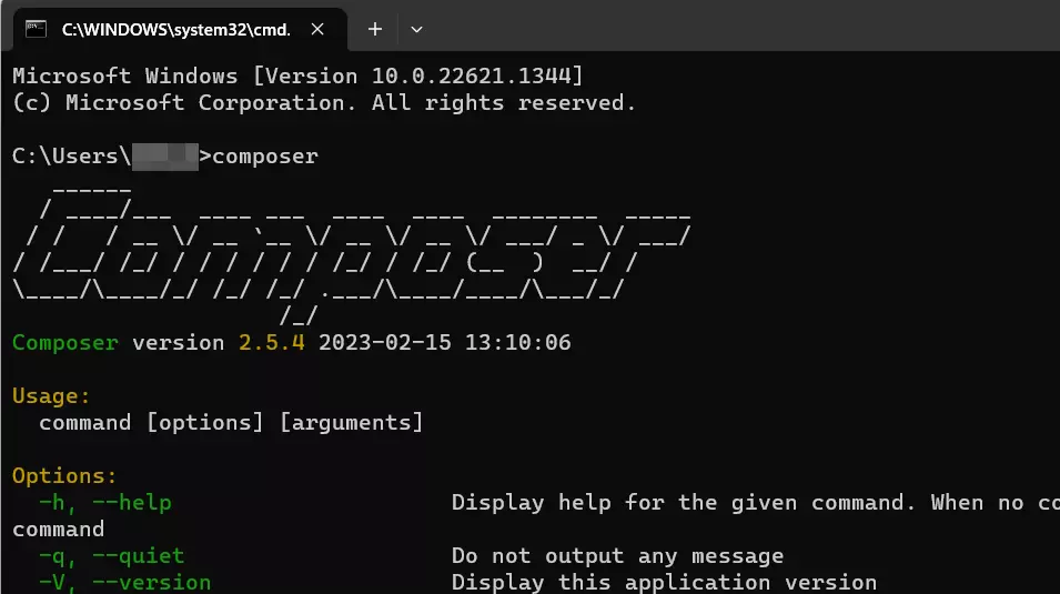 Vista de la versión de Composer en Windows 11 mediante “cmd” Imagen: Vista de la versión de Composer en Windows 11 mediante “cmd”