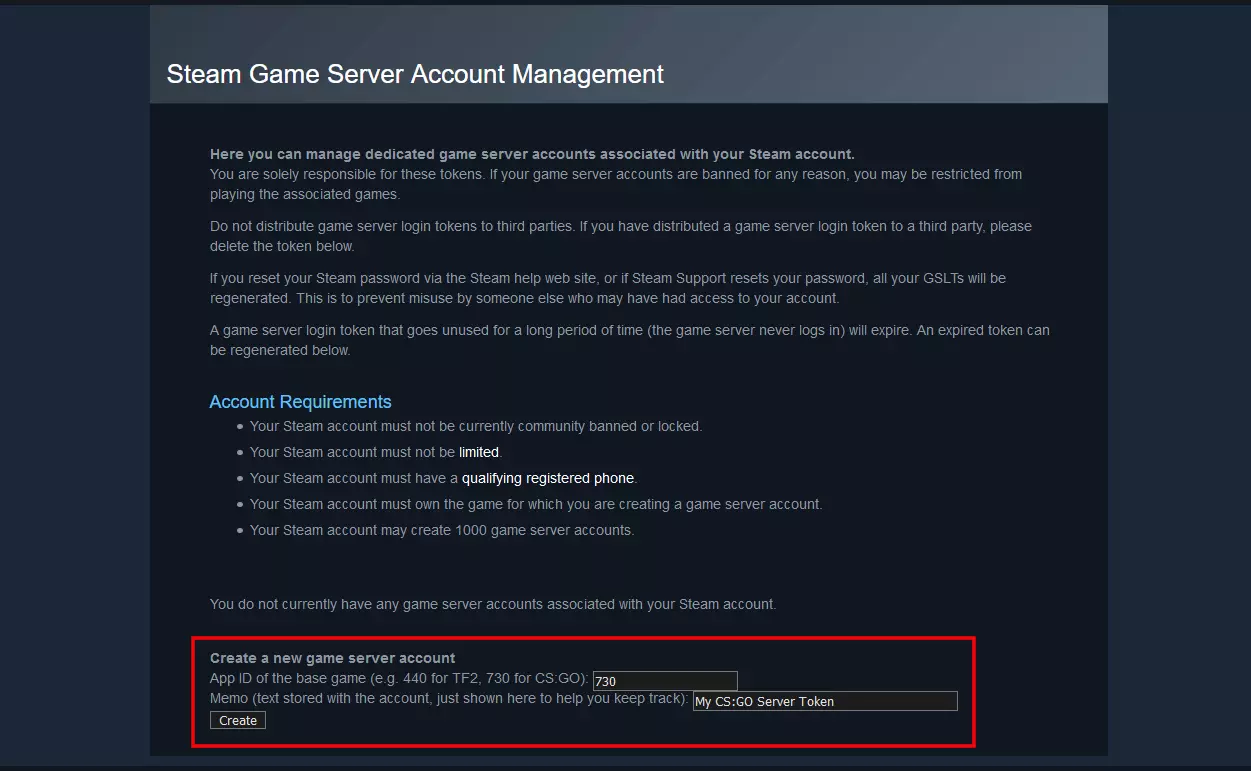 Imagen: Administración de cuentas de servidor de juego de Steam