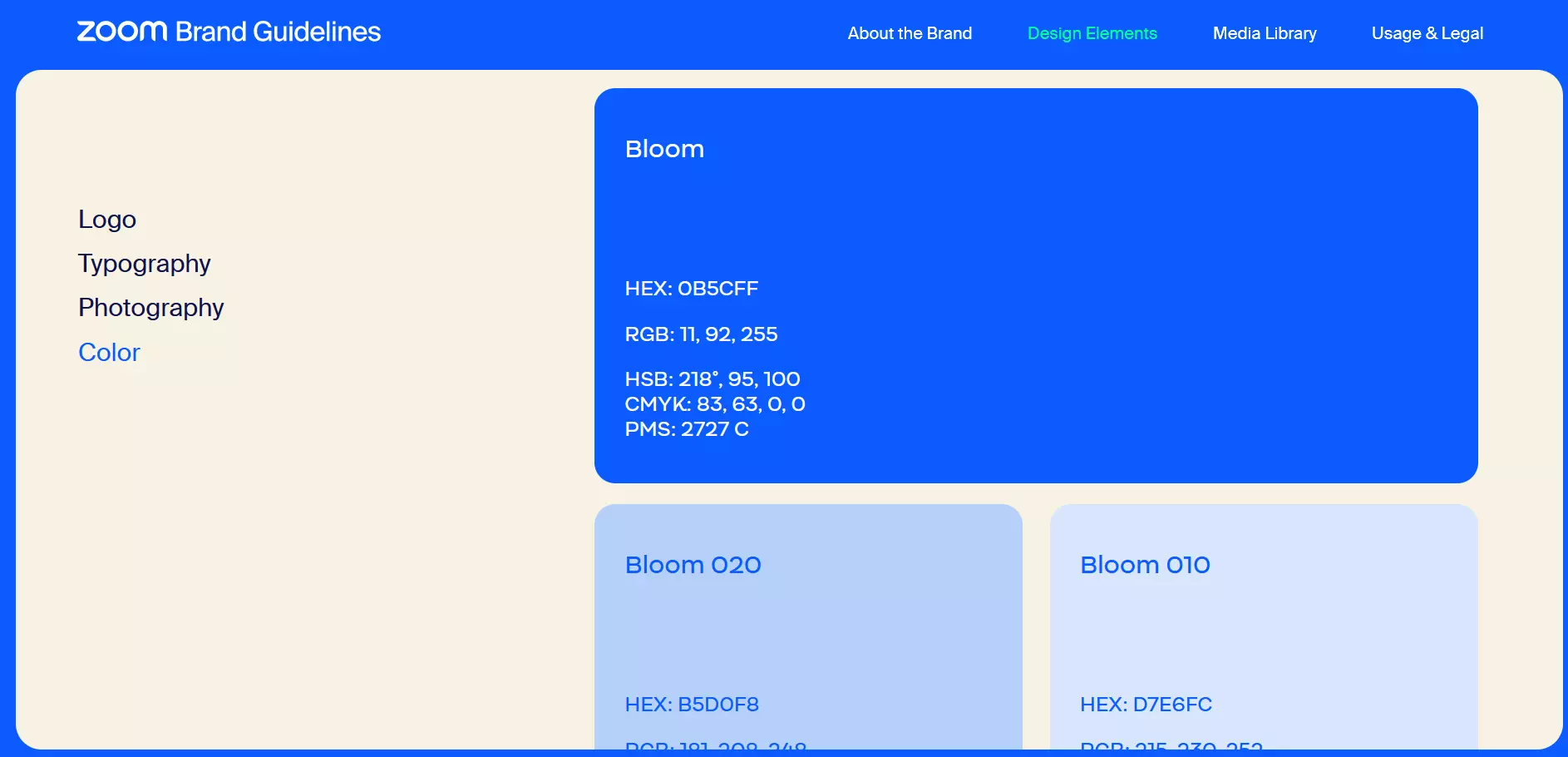 Captura de pantalla de la variedad cromática de Zoom en su guía de estilo web Imagen: Captura de pantalla de la variedad cromática de Zoom en su guía de estilo web