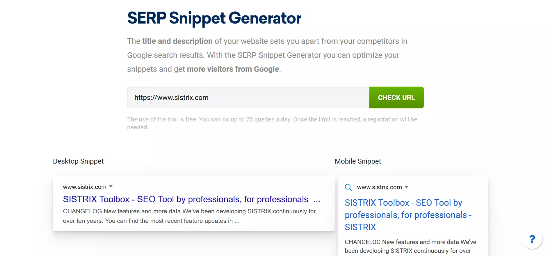 Captura de pantalla de SERP Snippet Generator de Sistrix Imagen: Captura de pantalla de SERP Snippet Generator de Sistrix
