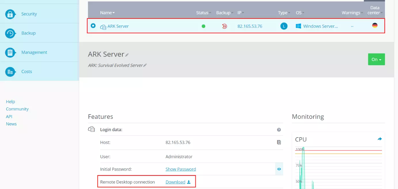 Imagen: Cloud Panel de IONOS: información del servidor y datos de acceso