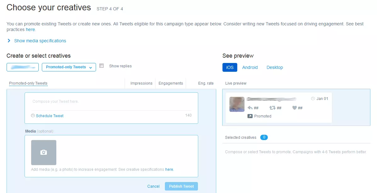 Imagen: Captura de pantalla de la opción “Creatives” (creatividades) en la creación de campañas con Twitter Ads