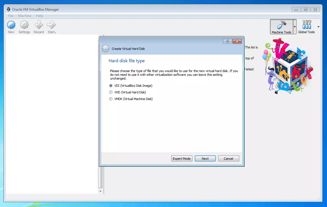 Imagen: Oracle VM VirtualBox Manager: asignación del formato del contenedor